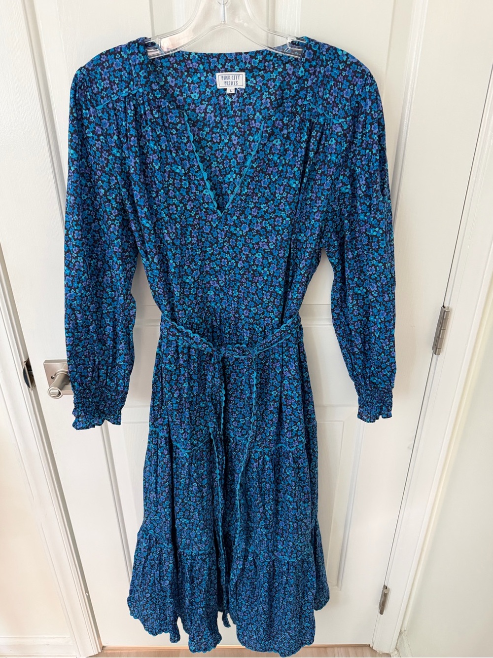 Pink City Prints Blue Floral V-Neck Tiered Long Sleeve Midi Dress